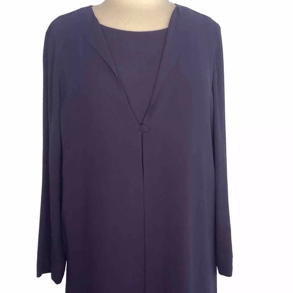 Eileen Fisher Navy Blue Scoop Neck Silk Sheathe Dress with Matching Jacket Sz M - Picture 2 of 15